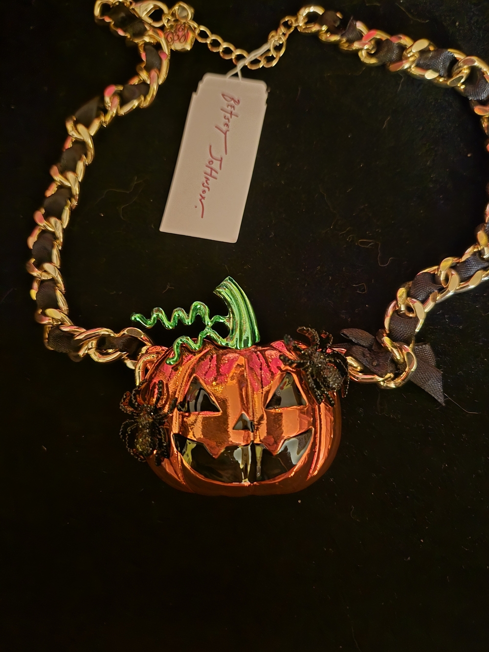 Betsey Johnson Orange Pumpkin Necklace with Green Stem